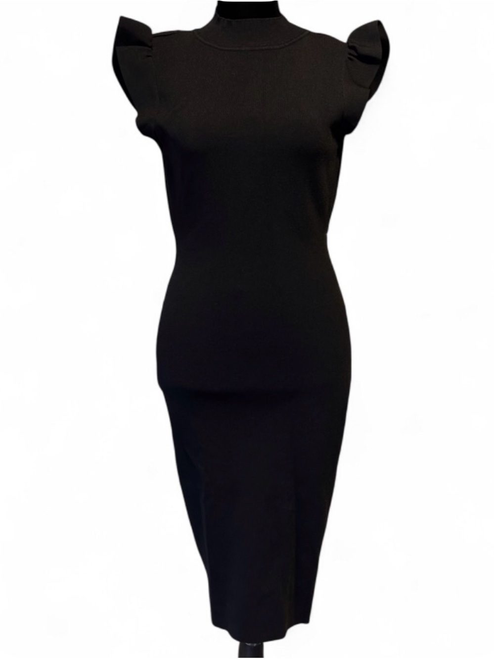 Akira Chicago Black Midi Stetch Dress M, W/Big Key Hole & Ruffle Sleeves NWOT